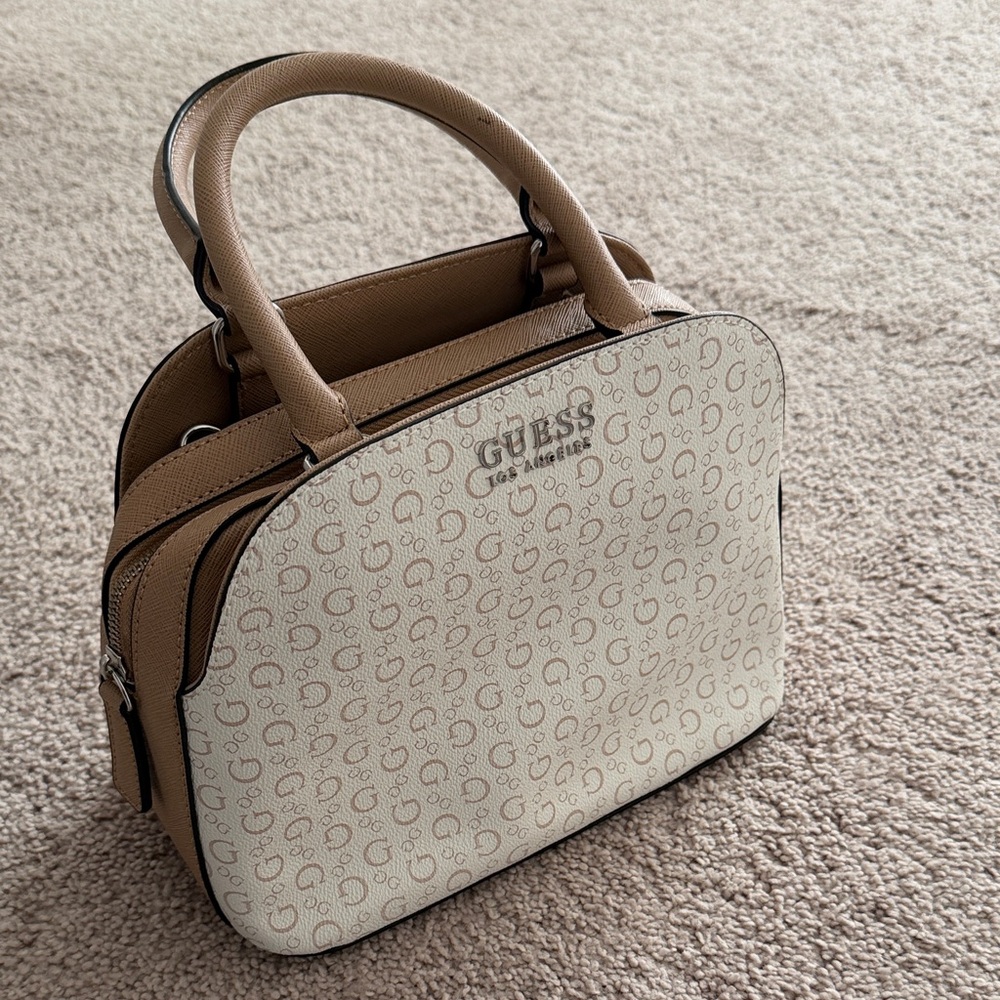 GUESS Tan & Cream Signature Dome Satchel with Top Handles